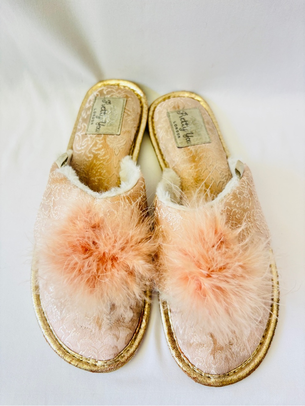 Pretty You London Pink Brocade Feather Pom Slip-On Slippers with Gold Trim